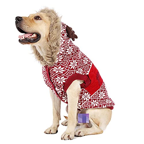 Cicano Hundepullover Weihnachten Winter Warm Fleece Jacke Mantel Kapuze Niedlich Xmas Geweih Hut Muster für Welpen Hunde Katzen Haustier Rot XL von Cicano