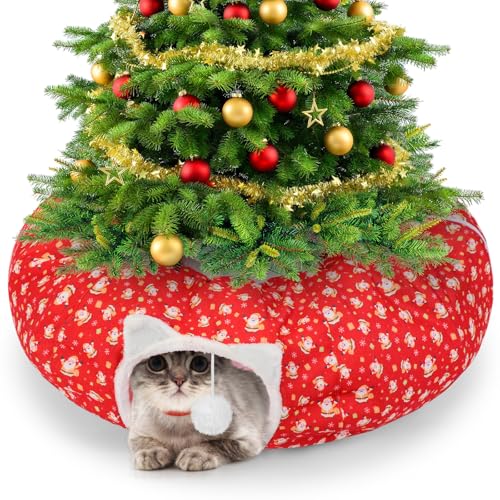 Cinnvoice 0.8 m x 0.8 m x 26.0 cm Weihnachten Katzentunnel Bett unter Weihnachtsbaum für Indoor Katze, Xmas Red Cute Cat Donut Tunnel mit waschbarem Kreiskissen, faltbares rundes von Cinnvoice