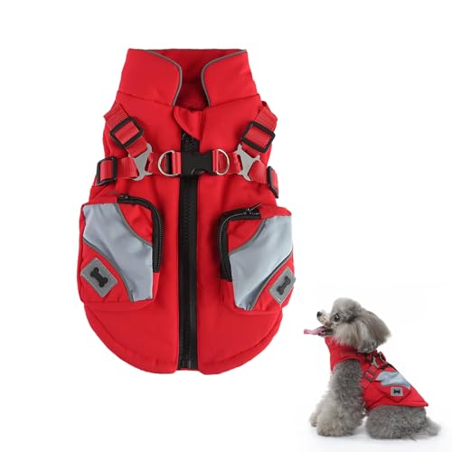 Cinsersr Hundemantel Winter Hundemantel für Kleine Hunde Hundemantel Wasserdicht Hundejacke Ärmellose Mit Geschirr Wintermantel Hund Geeignet für Kleine, Mittlere Und Große Hunde Rot Größe L. von Cinsersr