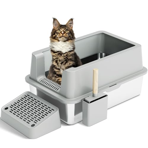 Citylife Katzenklo Edelstahl XXL, Katzentoilette Edelstahl XXL, Katzen klo für Große Katzen hochseitige, Rückstandsfrei, geruchsneutral, Mit Schaufel für katzenstreu, Grau 60.8x40.8x31cm von Citylife