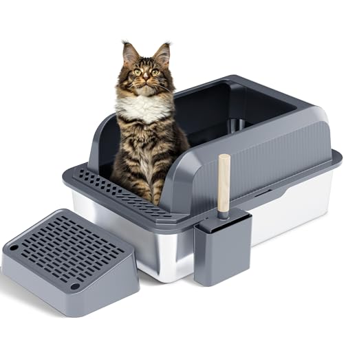 Citylife Katzenklo mit Deckel Edelstahl, öffnen Katzentoilette Edelstahl XXL, Katzen klo für Große Katzen hochseitige, Mit Schaufel für katzenstreu, Rückstandsfrei, geruchsneutral, Dunkelgrau von Citylife