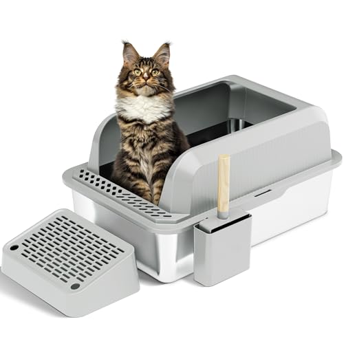 Citylife Katzenklo mit Deckel Edelstahl, öffnen Katzentoilette Edelstahl XXL, Katzen klo für Große Katzen hochseitige, Mit Schaufel für katzenstreu, Rückstandsfrei, geruchsneutral, Grau von Citylife