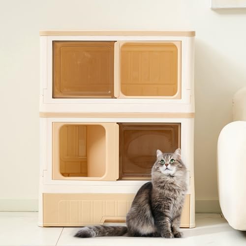 Citylife 2 Schichten Katzentoilette, 2 Tier Faltbare Katze Wurf Box große, ausziehbares Tablett, beige, Leicht zu reinigende Schubladenstreukiste, geräumig für Katzen bis 15 kg von Citylife