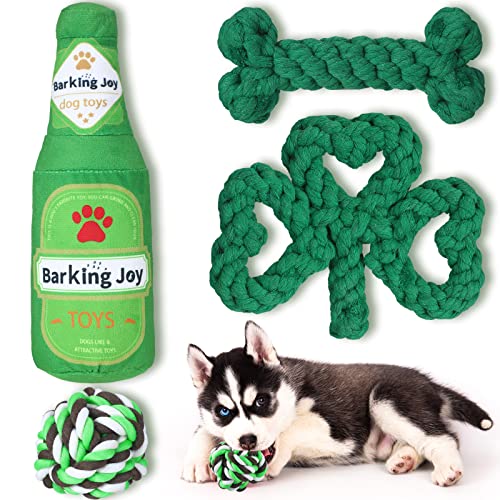 Civaner 4 Stück St. Patrick's Day Hundespielzeug, grünes Kleeblatt-Form, Seil, Hundespielzeug, grüner Ball, Bierknochen, Hundespielzeug für kleine, mittelgroße Hunde, Baumwolle, Kauzubehör von Civaner