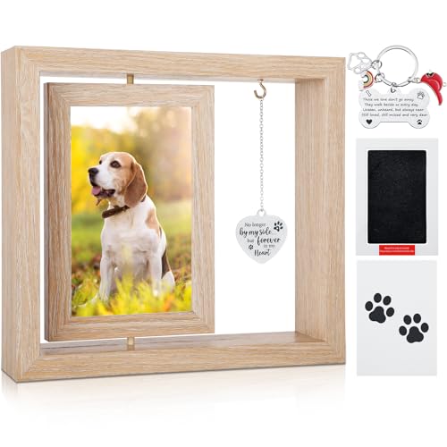 Civaner Hunde-Gedenk-Geschenk-Set, drehbarer Holz-Bilderrahmen, 10,2 x 15,2 cm, mit Pfotenabdruck-Stempelkissen, Knochen-Schlüsselanhänger mit Regenbogen-Kardinäle, Hundepfote, Haustierverlust, von Civaner