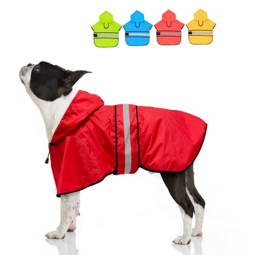 Candofly Hunde-Regenmantel mit Kapuze - Verstellbarer wasserdichter Hunde-Regenjacke, leicht, reflektierend, für kleine mittelgroße und große Hunde (Medium, Hellrot) von Clan_X