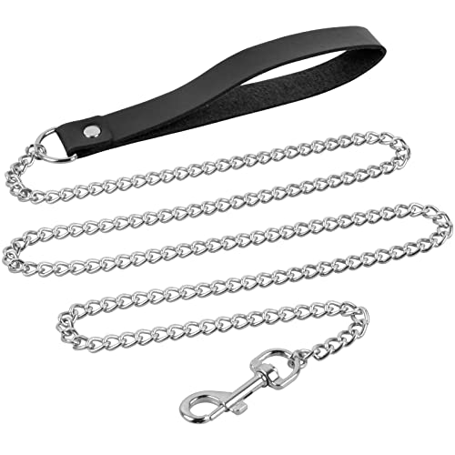 Hundeleine Stark Metall Kettenleine, Übungsleine mit PU Leder, Hundeleine Kette, Trainingsleine Für Kleine Mittlere Hunde (118cm) - Silber von Cleminsta