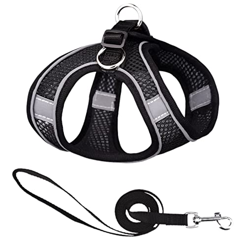 Weiches Mesh-Hundegeschirr und Leine zum Gehen im Sommer, Schritt-in-Weste, reflektierende Bänder, verstellbar, kein Ziehen, Haustierbedarf für kleine Hunde und Hauskatzen KD659 (Black, XXS) von Clicitina