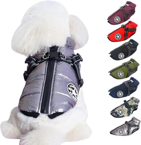 Pawbibi Sport - Waterproof Winter Jacket Dog Warm Coat Reflective&Pet Vest,Thick Fleece Lining Cozy Dog Apparel,Waterproof Winter Jacket with Built-in Harness,for Small Medium Dogs&Cats (L, Silver) von Clisole
