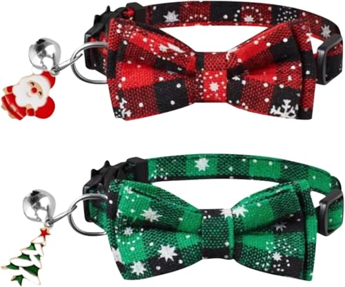 Cluos 2 x Weihnachtskatzenhalsband mit Glöckchen und Fliege, verstellbares Katzenhalsband mit Schnellverschluss, niedliches Weihnachts-Thema, Kätzchen-Halsband für Kätzchen, Haustierbedarf, Zubehör von Cluos