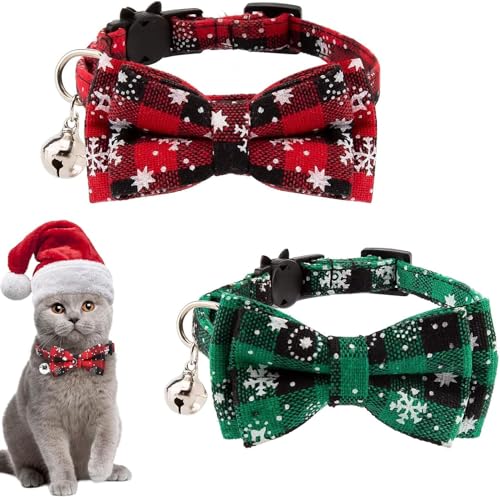 Cluos 2 x Weihnachtskatzenhalsband mit Glöckchen und Fliege, verstellbares Katzenhalsband mit Schnellverschluss, niedliches Weihnachts-Thema, Kätzchen-Halsband für Kätzchen, Haustierbedarf, Zubehör von Cluos