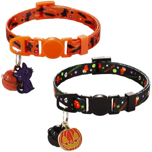 Cluos Halloween-Katzenhalsbänder, Schnellverschluss mit Glocke und Anhänger, verstellbar, 19–30 cm, Gelb, 2 Stück von Cluos