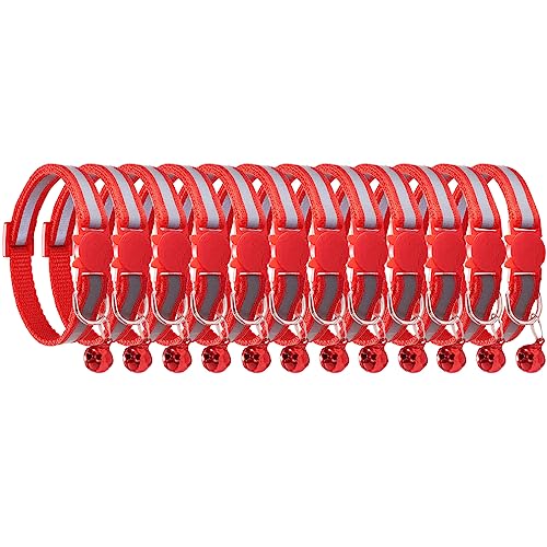 Cluos Reflektierende Katzenhalsbänder, Schnellverschluss, mit Glocke, Sicherheits-Nylon, Kätzchenhalsbänder, verstellbar, 19–32 cm, Rot, 12 Stück von Cluos