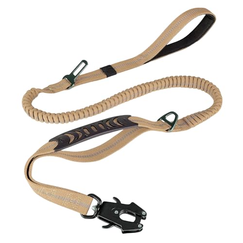 Clyictz Strapazierfähige Hundeleine, 1,2 - 1,8 m, stoßdämpfende Bungee-Hundeleine + 2 gepolsterte Griffe, Metall-Karabinerhaken, Auto-Sicherheitsgurt, Khaki, einfache Installation, einfach zu bedienen von Clyictz