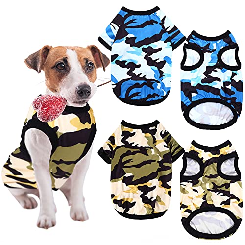 Clysee 4 Hundekleidung Camo Shirts Haustier Kostüm Kleidung Hund Camouflage Print Weste Welpen T-Shirts Sweatshirt Atmungsaktiv Hundeweste Haustier Bekleidung für kleine mittelgroße Hunde Katzen in Blau, Grün (Medium) von Clysee