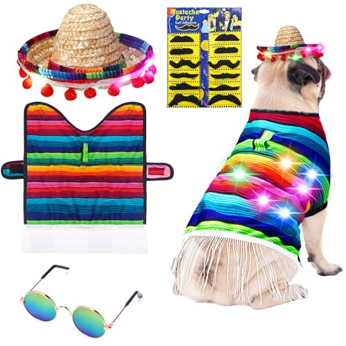 4-teiliges mexikanisches Serape-Hundekostüm, inklusive mehrfarbigem Cinco de Mayo Poncho mit LED-Lichtern, Sombrero-Hut, runde Sonnenbrille, künstlicher Schnurrbart, Chihuahua, Kleidung für von Clysee