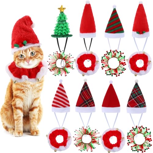 Clysee Katzen-Weihnachtskostüm, Weihnachtsmannmützen und Halsband mit Glöckchen, für Haustiere, kleine Hunde und Katzen, Tutu-Halsband und grüner, glänzender Hut, verstellbar, Weihnachts-Outfit für von Clysee