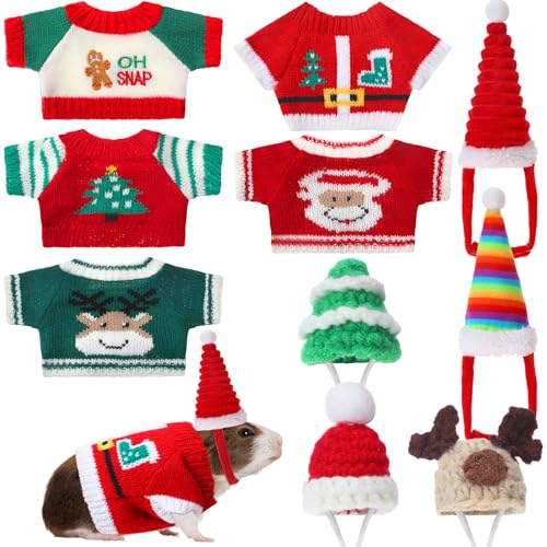 Clysee 10-teiliges Weihnachts-Meerschweinchen-Kostüm-Outfit, 5 niedliche Mini-Hüte mit verstellbarem Riemen, warme Weste, Pullover, gemütliche, handgestrickte Mütze für Hamsterhasen (Weihnachtsstil) von Clysee