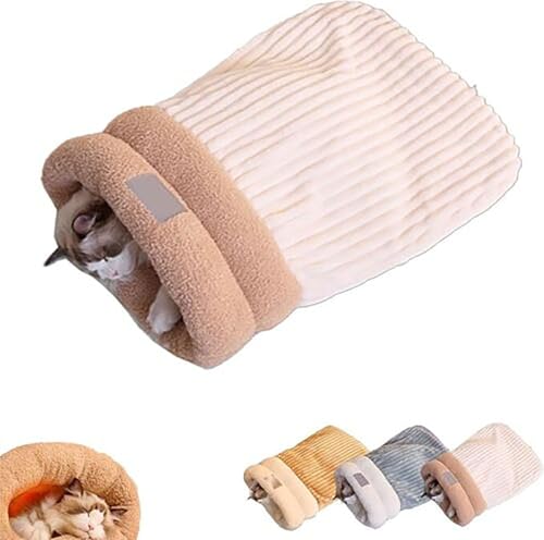 Cmeilau Katzen-Winterschlafsack, weicher Plüsch, großer Katzensack, selbstwärmendes Katzenbett, Katzenschlafsack für Hauskatzen, 360°-Wickel, bequemer Haustier-Kuschelsack, Haustiermatte (Beige, L) von Cmeilau