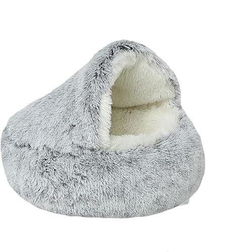 Cmeilau Neue winterweiche, Lange Plüsch-Rundkatzenhütte, Hundehütte, halbgeschlossenes Haustier-Plüschbett, beruhigende, Flauschige Haustier-Katzenhöhlen für den Innenbereich (40cm, Grey,Long Plush) von Cmeilau