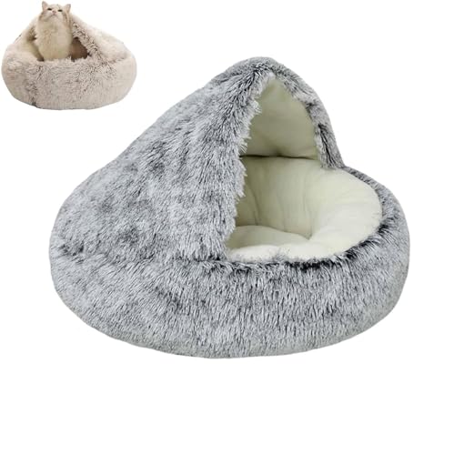 Cmeilau Neue winterweiche, Lange Plüsch-Rundkatzenhütte, Hundehütte, halbgeschlossenes Haustier-Plüschbett, beruhigende, Flauschige Haustier-Katzenhöhlen für den Innenbereich (50cm, Grey,Short Plush) von Cmeilau