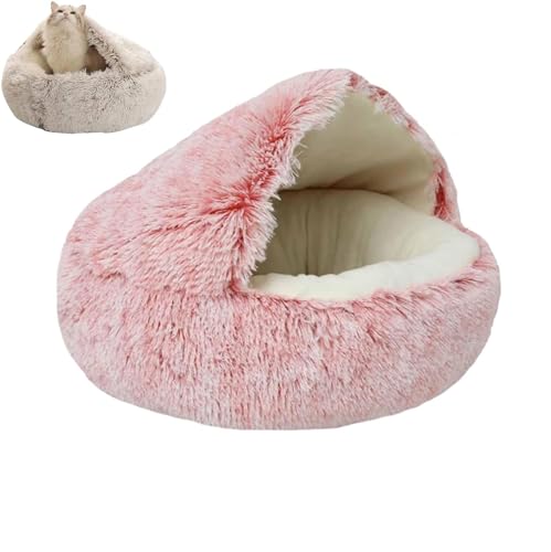 Cmeilau Neue winterweiche, Lange Plüsch-Rundkatzenhütte, Hundehütte, halbgeschlossenes Haustier-Plüschbett, beruhigende, Flauschige Haustier-Katzenhöhlen für den Innenbereich (50cm, Pink,Short Plush) von Cmeilau