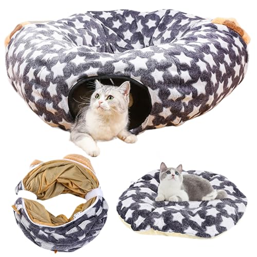 Cat Donut Tunnel Cat Donut Tunnel mit Ohr 31,5 -Zoll -Katze Tunnel Bettstern Muster Plüsch Katzen -Tunnel mit hängenden Kugel und Kissen Faltbare waschbare Katzentunnel für Innenkatzen von Cndiyald