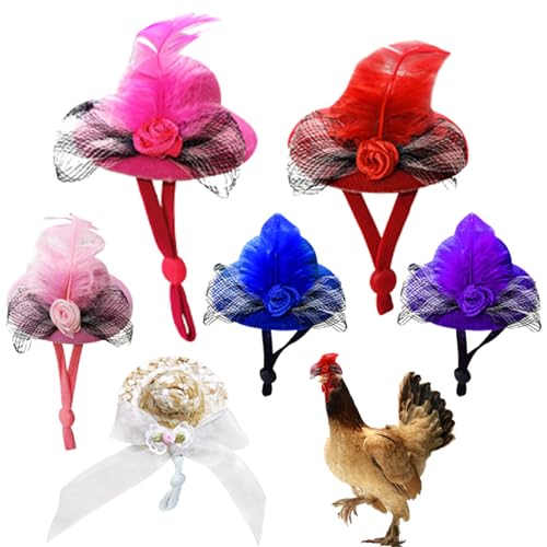 Cndiyald Haustiere Hühnerkostüm Zubehör Pet Top Hut 6pcs 2,75 Zoll 6 Farben lustig mit elastischen Kinngurt winzig Hühnerhelm Haustier Hähnchenkostüm Zubehör für Rooster Entenpapagei Puppe mit Seil von Cndiyald