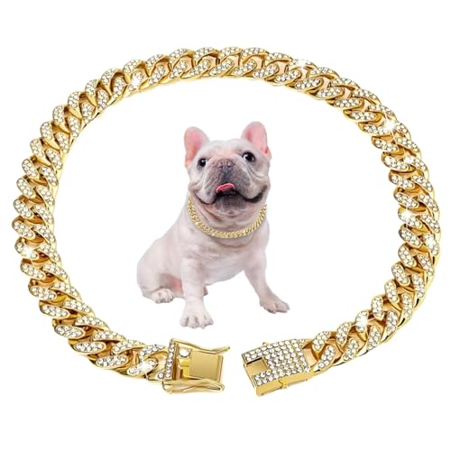 Cndiyald Hund Cuban Link Collar Cuban Link Hundekragen 17.7 '' Cuban Link Kette für Hundelegierungen Diamant Goldkette für Hunde Blingkragen Hundely für Katzen Welpen Link Geschenke von Cndiyald