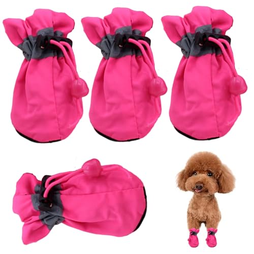 Cndiyald Hunde Winterstiefel, 4pcs Thermalstoffhundschuhe mit Kordelkordel, rutschrosa rote Schneeschnee für kleine Hunde, Größe 1 von Cndiyald