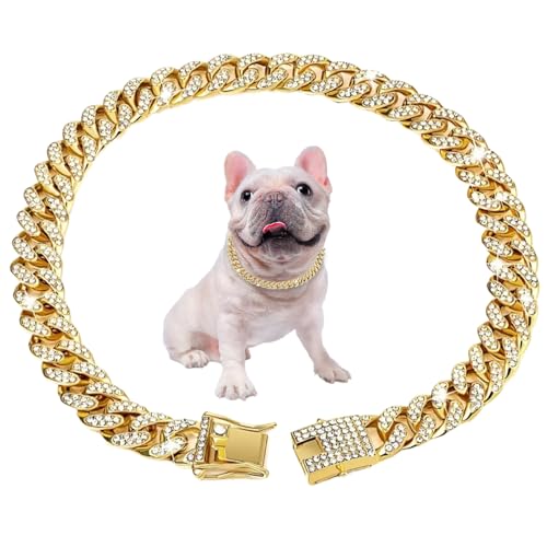 Kubanische Verbindung Hundekragen 17.7 '' Kubanische Verknüpfungskette für Hunde Alloy Diamond Goldkette für Hunde Bling Collar Hundeschmuck für Katzen Puppy Link Geschenke Hund Cuban Link Collar von Cndiyald