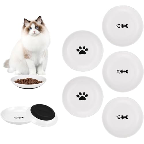 Cnwinu 5 Stück Katzennapf Flach Keramik,Futternapf Katze mit Rutschfestem Silikonboden,Fressnäpfe für Katzen,Cat Bowl,Katzen Napfset,Keramik Napf Hund,Futternäpfe für Kleines Haustier von Cnwinu