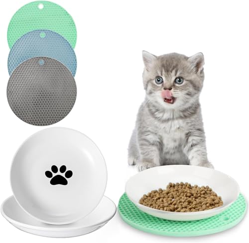 Cnwinu Keramik Katzennapf 3er Set mit Anti-Rutsch-Matte, Fressnäpfe für Katzen, Cat Bowl, Keramik Napf Hund, Futternäpfe für Kleines Haustier von Cnwinu