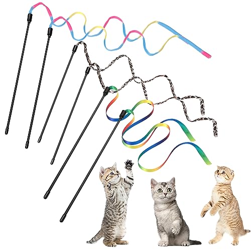 Cobee 6 Packungen Katzen Zauberstab Spielzeug Set, 30 cm Interaktiver Katzen Zauberstab mit 60 cm Regenbogenbandschnur + Regenbogen Stoffschnur + Leopardenmuster Stoffschnur für Trainingsgerät Indoor von Cobee