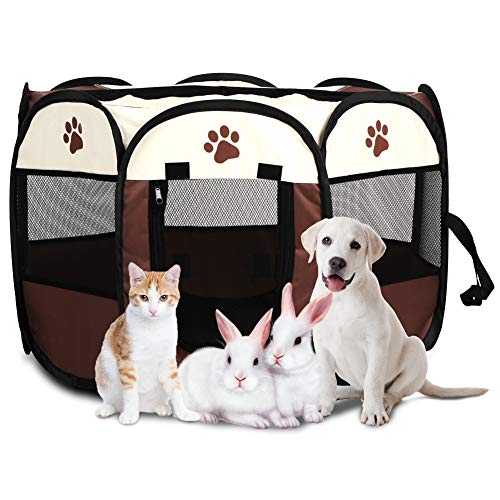 Faltbares Haustier Zelt Freigehege Tragbares Hundezaun Katzengehege 8-Panel Mesh Haus WelpenLaufstall, Freigehege für Hunde Katzen Hasen & Kleintiere im Innen Außenbereich 68 * 45cm (Kaffeefarbe) von Cocoarm