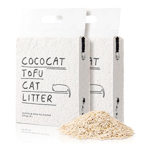 Cococat Tofu Katzenstreu – stark klumpend, spülbar, staubfrei, einfaches Schaufeln, biologisch abbaubar, Jasmin-Milchtee-Duft für hervorragende Geruchskontrolle (6L x 2 Packungen) von Cococat