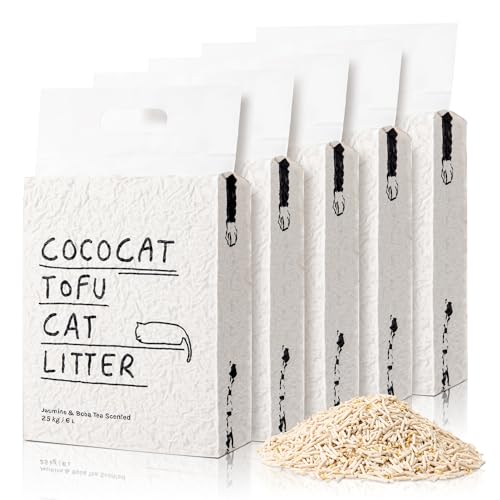 Cococat Tofu Katzenstreu – stark klumpend, spülbar, staubfrei, einfaches Schaufeln, biologisch abbaubar, Jasmin-Milchtee-Duft für hervorragende Geruchskontrolle (6L x 5 Packungen) von Cococat