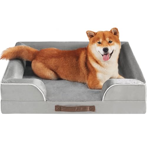 Codi Hundebett aus Memory-Schaum, waschbar, orthopädisch, mit abnehmbarem Reißverschlussbezug, wasserdichtes Haustiersofa mit U-förmiger Nackenrolle, Grau, 71 x 58 x 7,5 + 8,9 cm von Codi