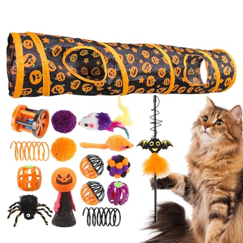 Coiroaoz Pet Cat Tunnel Tube - Halloween Katzenröhren mit Spielzeug - Kürbismuster Interaktives Spielzeug für gelangweilte Katzen & Kleintiere von Coiroaoz