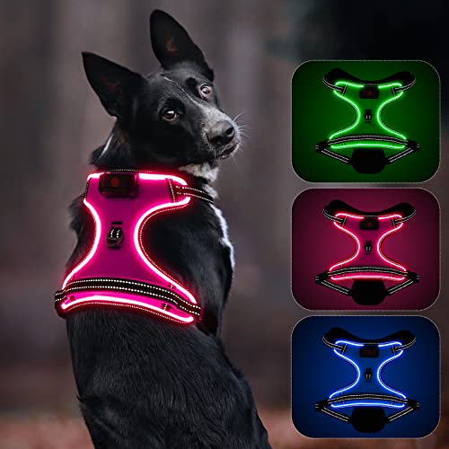 Colaseeme Leuchtendes Hundegeschirr, wiederaufladbar, verstellbar, LED-Hundegeschirr mit Griff, leuchtendes Hundegeschirr für kleine, mittelgroße und große Hunde, Rosa, Größe S von Colaseeme