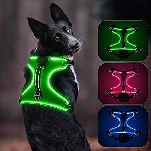 Leuchtendes Hundegeschirr, Colaseeme Anti Zug Hundegeschirr mit Reflexstreifen und Kontrolle Verstellbar Geschirr, LED Hundegeschirr Wieder, aufladbares Beleuchtetes Hundegeschirr, Grün L von Colaseeme