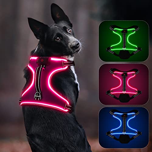Leuchtendes Hundegeschirr, Colaseeme Anti Zug Hundegeschirr mit Reflexstreifen und Kontrolle Verstellbar Geschirr, LED Hundegeschirr Wieder, aufladbares Beleuchtetes Hundegeschirr, Rosa XL von Colaseeme