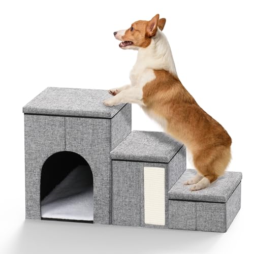 Colewin Hundetreppe für kleine Hunde, rutschfeste Hundetreppe für Bett und Couch, Hunderampe für Bett mit Stauraum und Höhle, 3 Stufen, Haustiertreppe für kleine, mittelgroße und große Hunde von Colewin