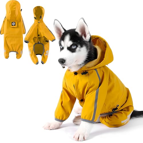 Hunderegenmantel Regenjacke Hunde Reflektierend, Gelb Regenmantel Hund Wasserdicht, Regencape Hund Mit Kapuze, Verstellbare Regenjacken für Kleine Mittelgroße Groß Hunde Geeignet für 9–13 Pfund von Colexy