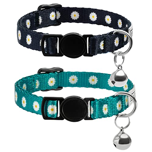 CollarDirect Katzenhalsband mit Glocke, Blumenmuster, 2er-Pack, Blumen-Set, verstellbare Sicherheits-Halsbänder für Katzen, Kätzchen (Schwarz + Grün) von CollarDirect