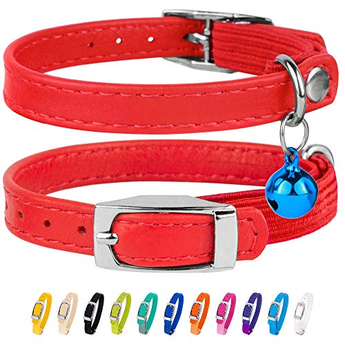 CollarDirect Leder Katzenhalsband, Sicherheitshalsband für Katzen mit elastischem Gurt, Kätzchen Band mit Glocke, Schwarz Blau Rot Orange Grün Rosa von CollarDirect