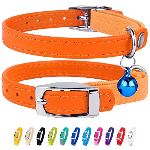 CollarDirect Leder Katzenhalsband mit Sicherheitsverschluss 21,5 cm Orange, Elastischer Gurt und Glocke für Kleine Katzen von CollarDirect