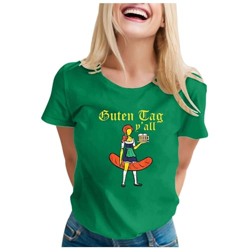 ColleeLin Netzstrumpfhose Neon Kurzarm-T-Shirt mit Oktoberfest-Wurst-Aufdruck | Festliches Grafik-T-Shirt für Bierliebhaber Hamster Klamotten (Green, L) von ColleeLin