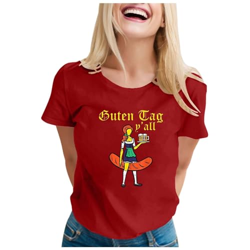 ColleeLin Netzstrumpfhose Neon Kurzarm-T-Shirt mit Oktoberfest-Wurst-Aufdruck | Festliches Grafik-T-Shirt für Bierliebhaber Hamster Klamotten (Red, L) von ColleeLin