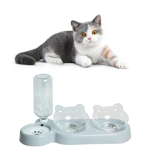 Katze Futternapf, Futternapf, Katzennäpfe, Katzennapf-Set, Katze Fressnapf mit Wasserspender Katze, Automatische Wasserflasche, Abnehmbarer Futternapf für Katzen und Hunde (Grau) von Colrid